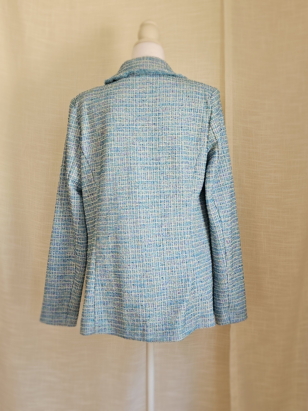 Belle by Kim Gravel Blue Tweed Double-Breasted Blazer Raw Hem Fringe S - Picture 6 of 16
